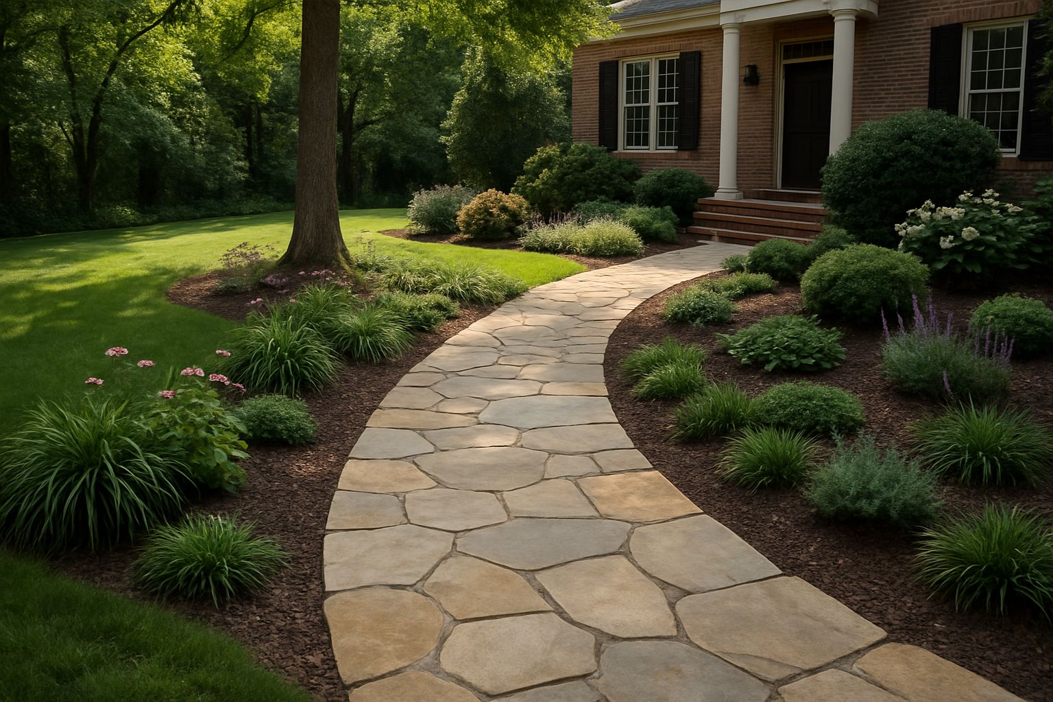 Stone garden path connecting a lawn and home entrance