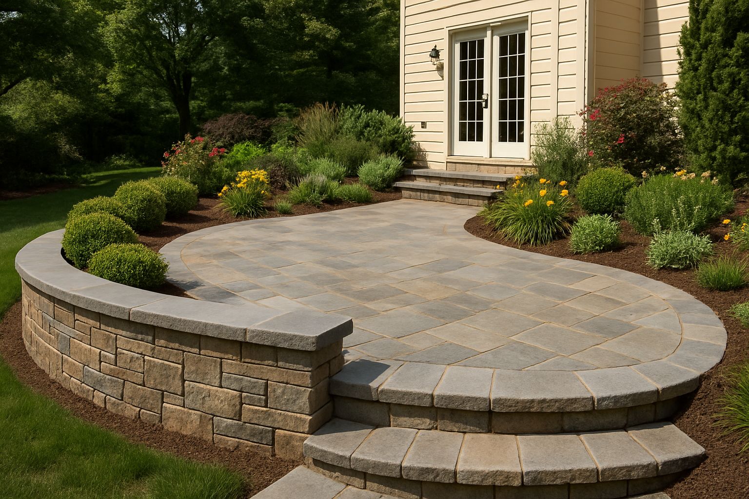Stone patio project with carefully arranged paving