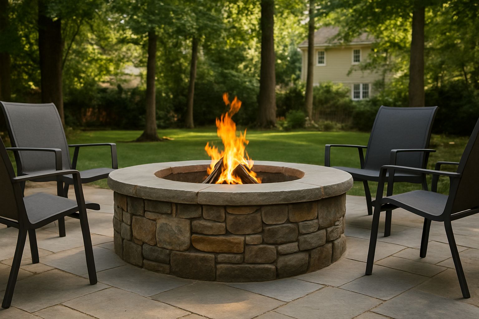 Round masonry fire pit surrounded by outdoor seating